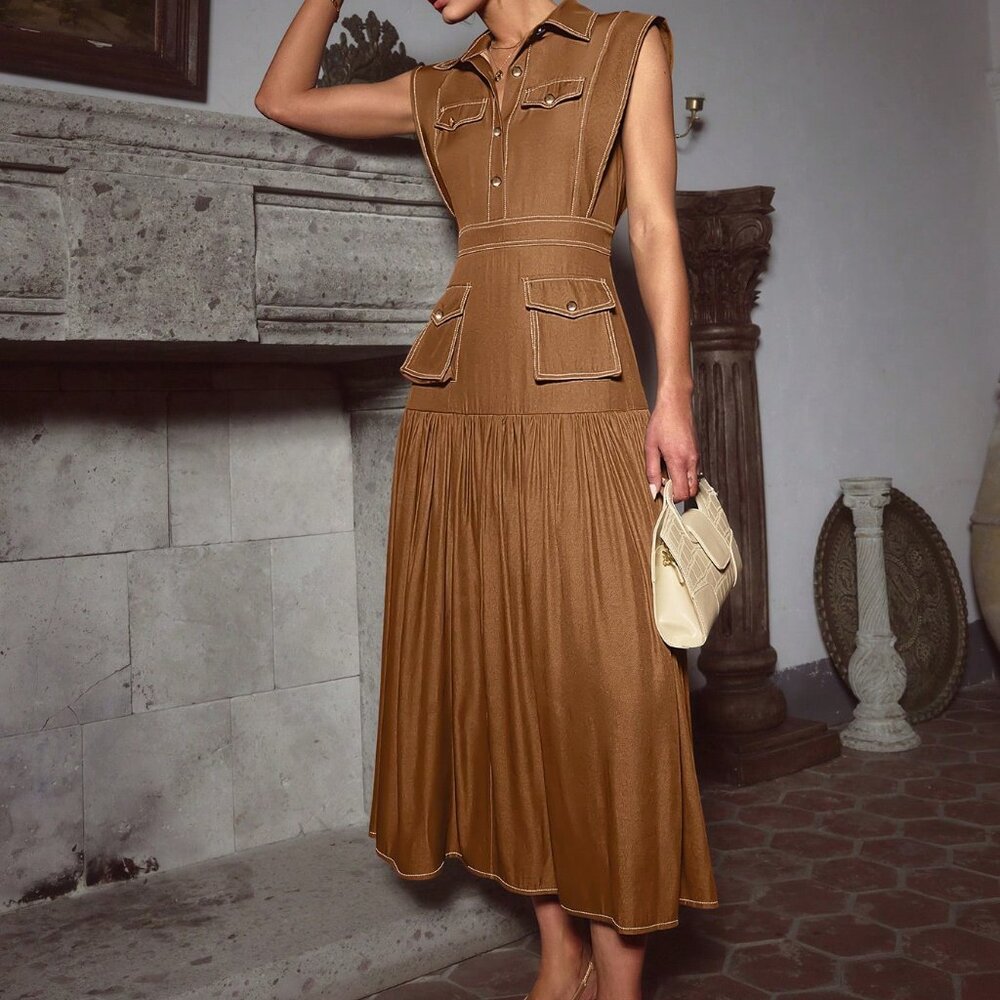 Brown Elegant Women's Sleeveless Dress with Pleated Pocket - Picture 3 of 4
